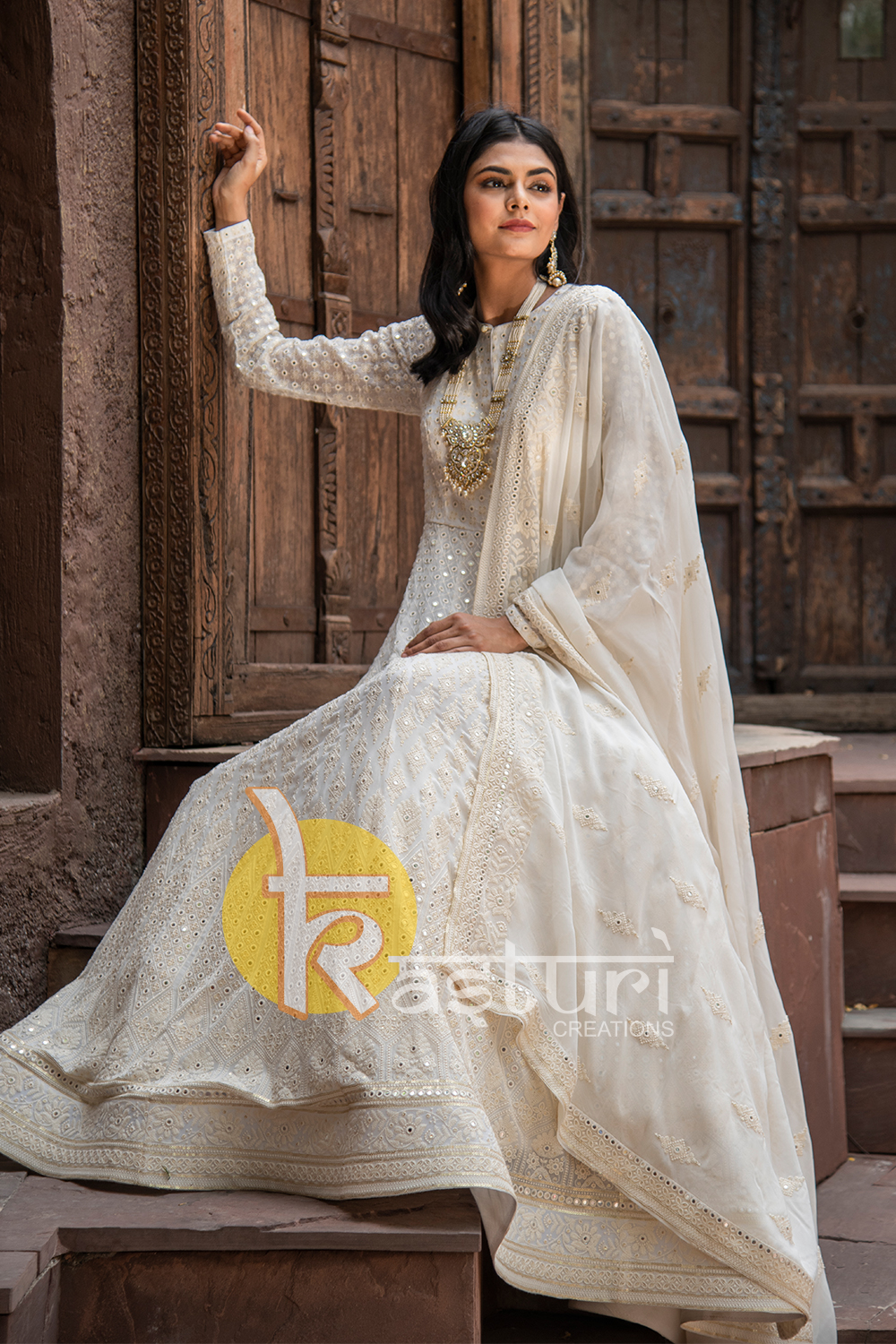 White heavy embroidered georgette full length anarkali dupatta set Kasturi Creations White heavy embroidered georgette full length anarkali dupatta set Kasturi Creations