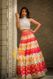 White and multicolor heavy embroidered georgette crop top and skirt