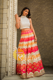 White and multicolor heavy embroidered georgette crop top and skirt