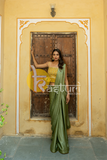 Mustard and green embroidered blouse and silk saree