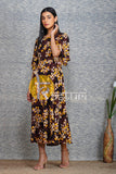 Brown floral printed georgette flared dress