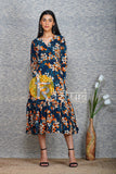 Blue floral printed georgette flared dress