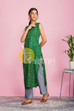 Green and grey printed cotton sambalpuri kurta with pant set