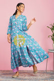 Blue and pink floral printed anarkali kurta with pant set