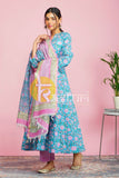 Blue and pink floral printed anarkali kurta with pant set