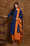Pure cotton Pochampally double Ikkat weave kurta with contrast bottom and dupatta