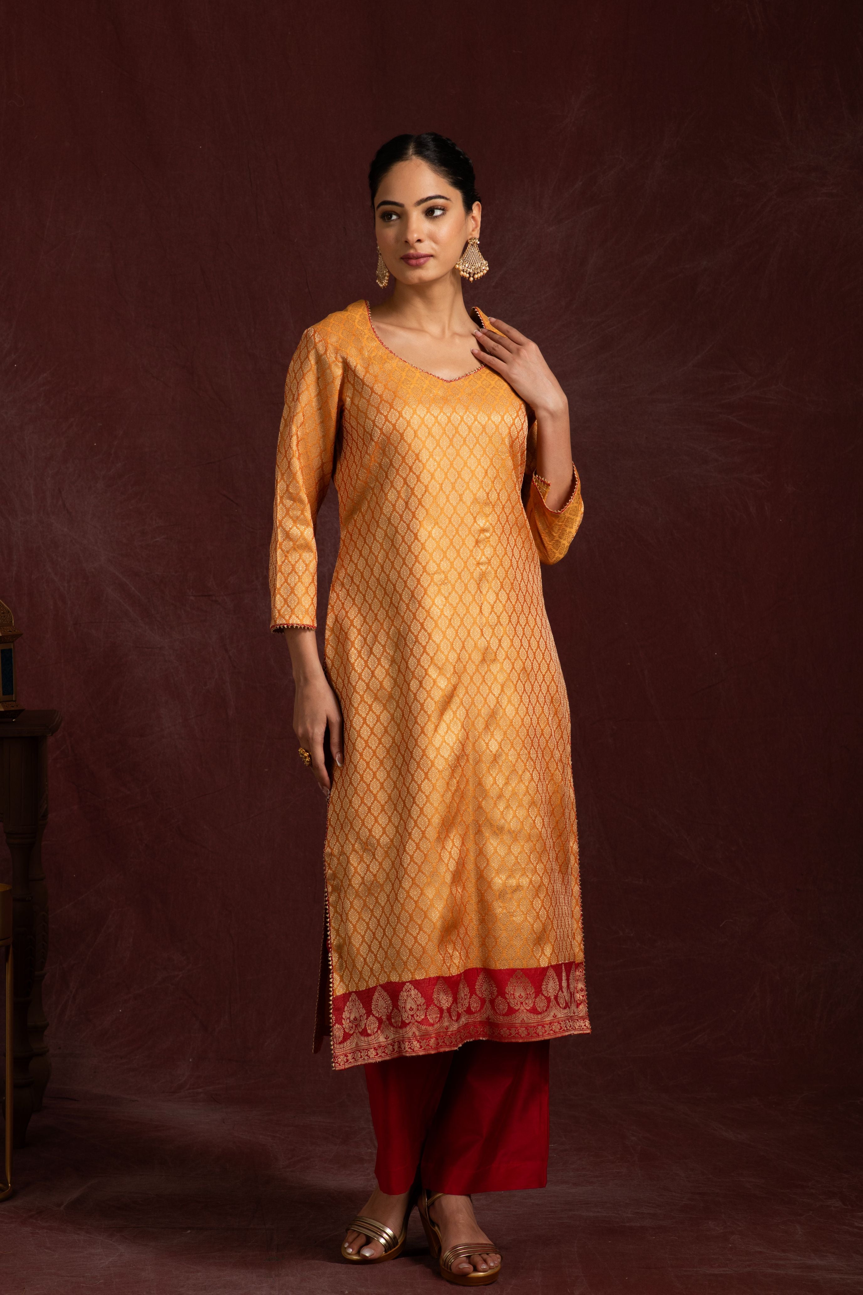 Banarasi weave kurta and dupatta with solid color bottom