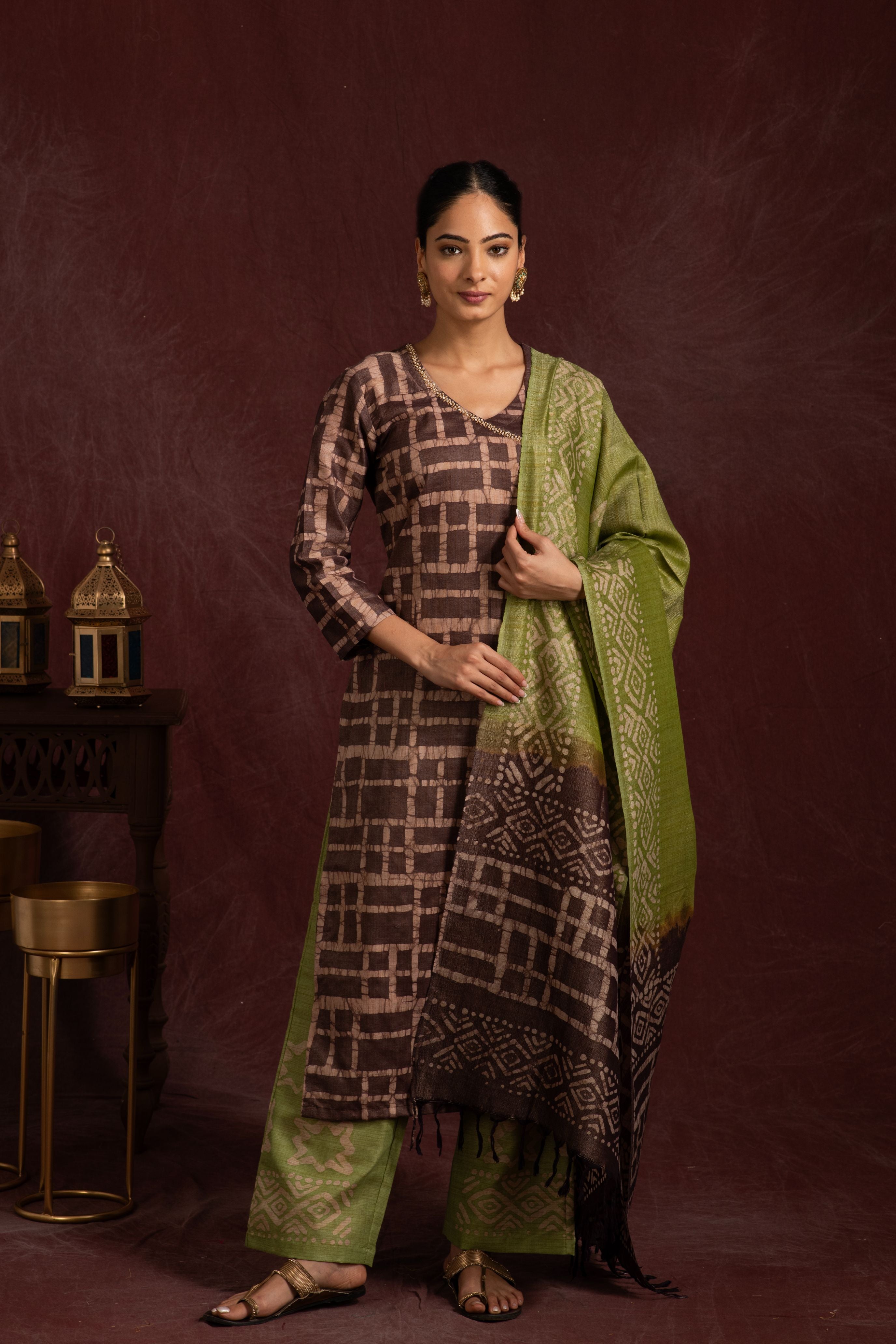 Bhagalpuri fabric three piece dupatta suit in embroidered angrakha pattern