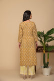 Mustard printed kurta with yellow printed bottom 3 piece suit set with contrast w/m dupatta.