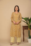 Mustard printed kurta with yellow printed bottom 3 piece suit set with contrast w/m dupatta.