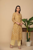 Mustard printed kurta with yellow printed bottom 3 piece suit set with contrast w/m dupatta.