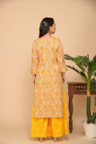 Yellow printed kurta with yellow zigzag printed bottom 3 piece suit set with yellow zigzag dupatta.