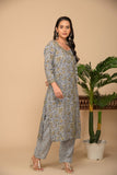 Grey printed kurta with grey printed bottom 3 piece suit set with buttis allover dupatta.