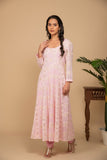 Pink georgette gota patti embroidered flared anarkali with bottom and net dupatta