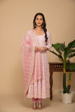 Pink georgette gota patti embroidered flared anarkali with bottom and net dupatta