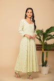 Lemon green georgette gota patti embroidered flared anarkali with bottom and net dupatta