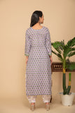 Light purple printed kurta with white printed bottom 3 piece suit set with printed buttis allover dupatta.