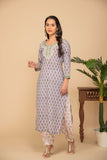 Light purple printed kurta with white printed bottom 3 piece suit set with printed buttis allover dupatta.