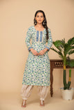 Blue floral printed kurta with white/green printed bottom 3 piece suit set with printed buttis all over dupatta.