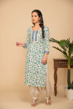 Blue floral printed kurta with white/green printed bottom 3 piece suit set with printed buttis all over dupatta.