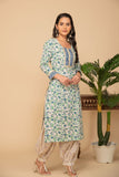 Blue floral printed kurta with white/green printed bottom 3 piece suit set with printed buttis all over dupatta.