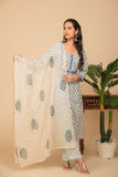 Blue buttil printed kurta with white/blue scallops printed bottom 3 piece suit set with printed blue buttis all over dupatta.