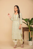 White buttis printed kurta with white/mustard printed bottom 3 piece suit set with contrasting mustard printed scallops all over dupatta.