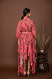 Pink soft muslin bold prints high-low dress with tie up belt.