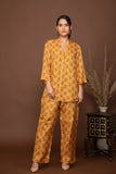 Mustard soft muslin with leaf printed top and bottom all over