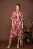 Brown soft muslin bold prints high-low dress with tie up belt.