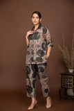 Grey soft muslin with bold floral printed top and bottom all over.