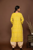 Yellow floral printed kurta with white/mustard printed bottom 3 piece suit set with printed buttis all over dupatta.