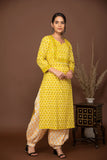 Yellow floral printed kurta with white/mustard printed bottom 3 piece suit set with printed buttis all over dupatta.