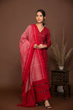 Red sambalpuri kurta with plain pink bottom 3 piece suit set with contrast r/p dupatta.-s14