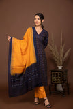 Purplish blue sambalpuri kurta with plain orange bottom 3 piece suit set with contrast b/o dupatta.-s17