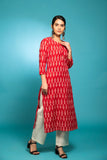 Red ikkat kurta with white  bottom 3 piece suit set with contrast red/orange  dupatta
