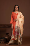 Bhagalpuri katan three piece dupatta suit with embroidered neckline.