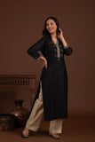 Bhagalpuri katan three piece dupatta suit with embroidered neckline.