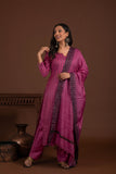 Bhagalpuri katan three piece dupatta suit with embroidered neckline.