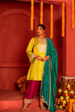 Yellow blended lace work silk kurta set with dupatta in contrast colors