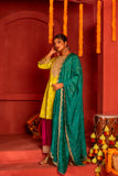 Yellow blended lace work silk kurta set with dupatta in contrast colors