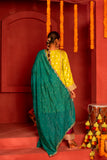 Yellow blended lace work silk kurta set with dupatta in contrast colors