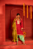 Hot pink Kurta set in blended silk with dupatta in contrast colors