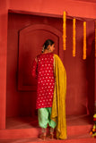 Hot pink Kurta set in blended silk with dupatta in contrast colors