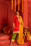 Red Kurta set in blended silk with dupatta in contrast colors