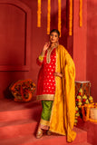 Red Kurta set in blended silk with dupatta in contrast colors