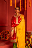 Red Kurta set in blended silk with dupatta in contrast colors