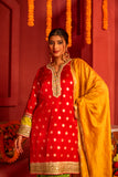 Red Kurta set in blended silk with dupatta in contrast colors