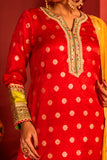 Red Kurta set in blended silk with dupatta in contrast colors