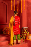 Red Kurta set in blended silk with dupatta in contrast colors